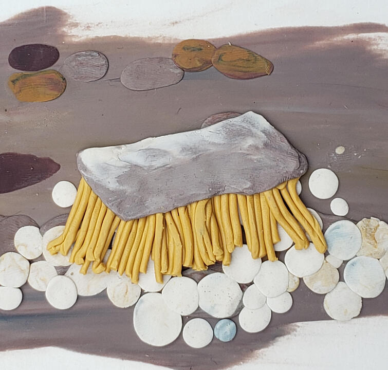 Plasticine illustration with white bubbles, a wooden scrub brush and a messy floor