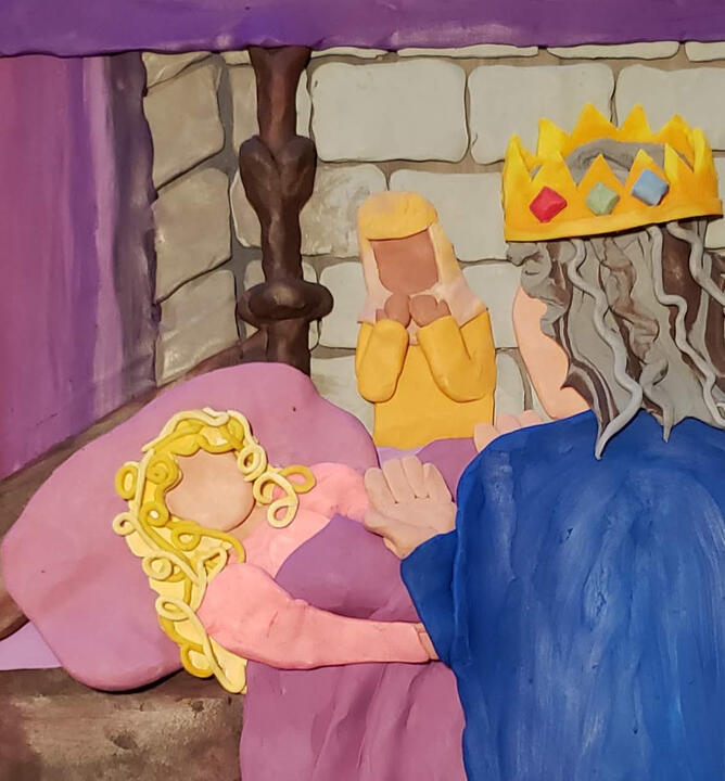 Plasticine illustration from Amal and the Storybook Princesses Book of a king making dua that his daughter wakes up